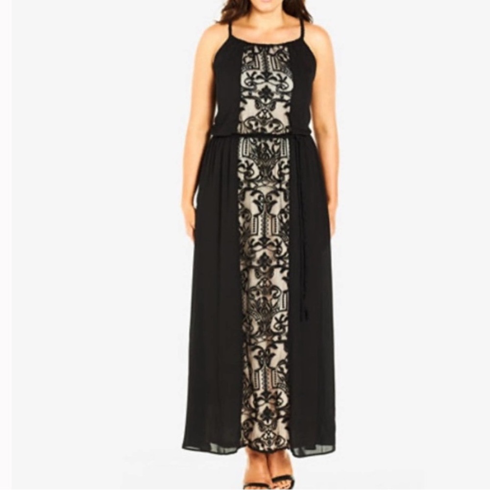 City Chic Black Lace & Chiffon Nude panel maxi dress braided straps size  16